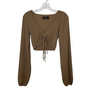 White Fox Brown Ribbed Lace Up Crop Top Balloon Sleeve Size XS Minimalist Basic